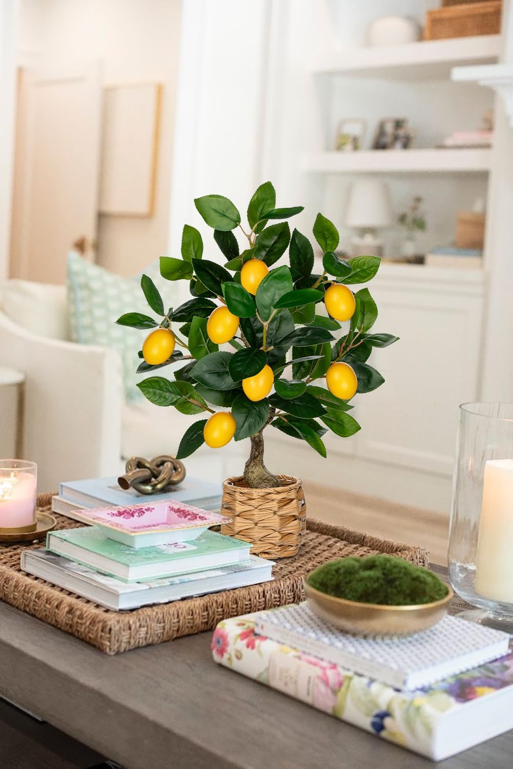 Skiennix Artificial Lemon Tree - 17.3-Inch Potted Faux Citrus Plant with Woven Pot | Indoor Home Decor