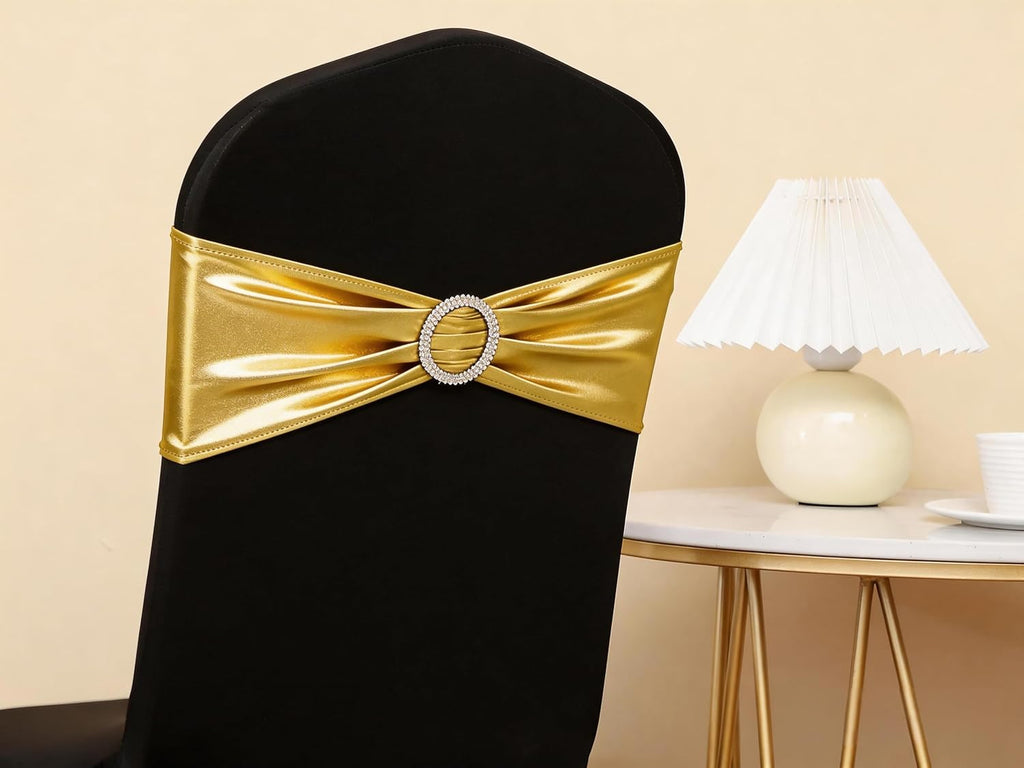 Skiennix Spandex Gold Chair Sashes - Pack of 50 for Weddings, Parties & Events | Elegant Metal Bow Design