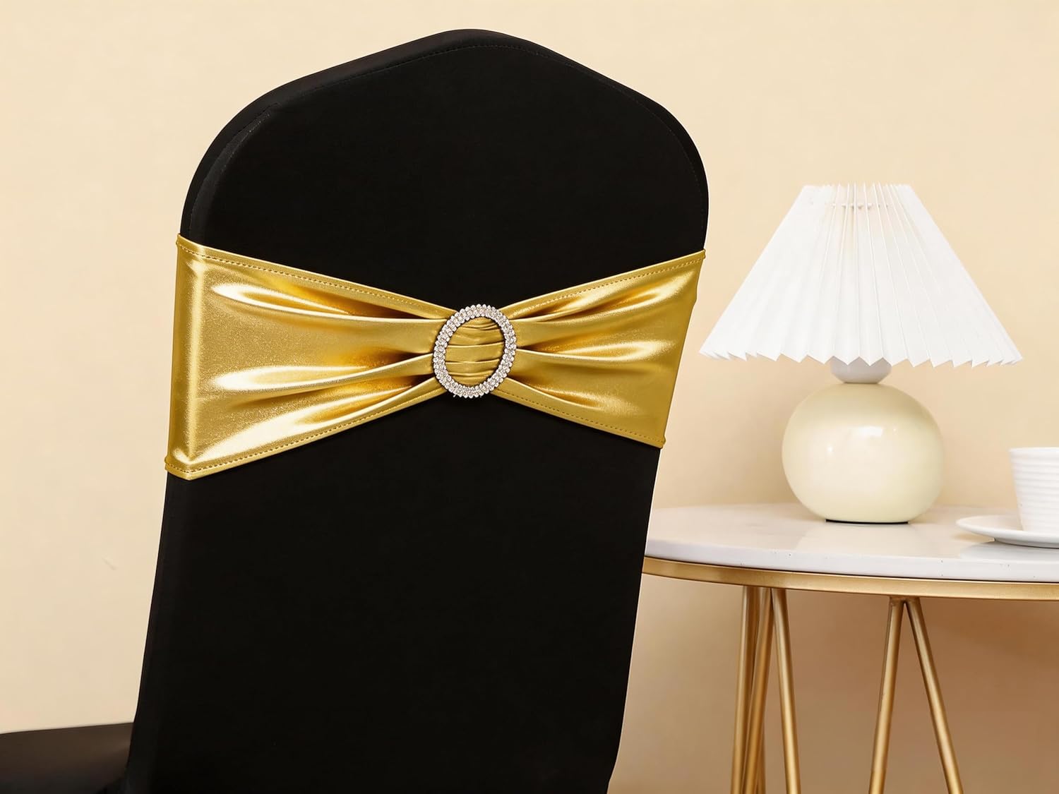 Skiennix Spandex Gold Chair Sashes - Pack of 50 for Weddings, Parties & Events | Elegant Metal Bow Design