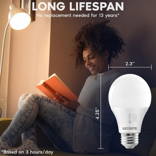 LUXRITE A19 LED Light Bulb 60 Watt Equivalent, CRI90, 5CCT Selectable 2700K 3000K 3500K 4000K 5000K, Dimmable, 800LM, Standard LED Light Bulbs 9W, E26 Base, CEC Title 20, ETL Listed (24 Pack)