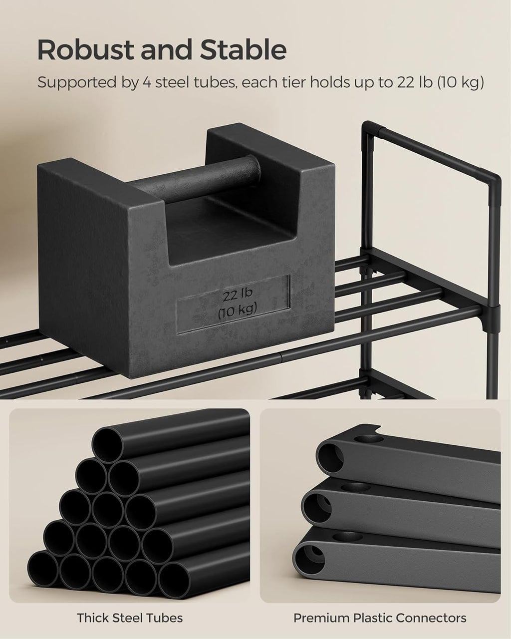 SONGMICS 2-Tier Shoe Rack - Stackable Metal Organizer for 3-6 Pairs | Black, 11.8 x 16.7 x 14.8 Inches