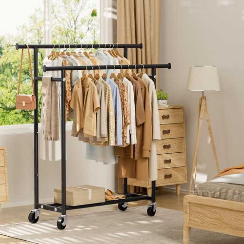 HYSEYY Clothes Rack, Double Rods Rolling Clothing Rack for Hanging Clothes, Portable Garment Rack with Wheels, Coat Rack Wardrobe Closet Load 240 LBS for Bedroom Laundry Room, Black