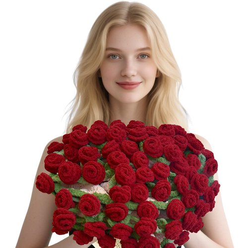 Crochet Flower Rose Bouquet Blanket for Girlfriend DIY Handmade Blanket Soft and Lightweight Romantic Knitted Throw Blankets Gifts for Mother's Day Birthday Home Decor Red 33 Flowers 31.5 Inch