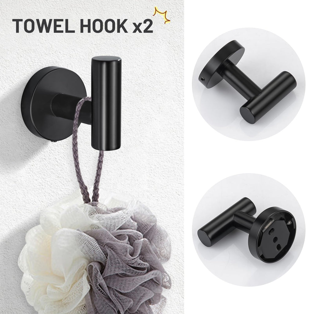 TURS Matte Black 5 Piece Bathroom Hardware Set, SUS304 Stainless Steel Bath Towel Bar Set, 24 Inch Round Bathroom Accessories Kit Wall Mounted