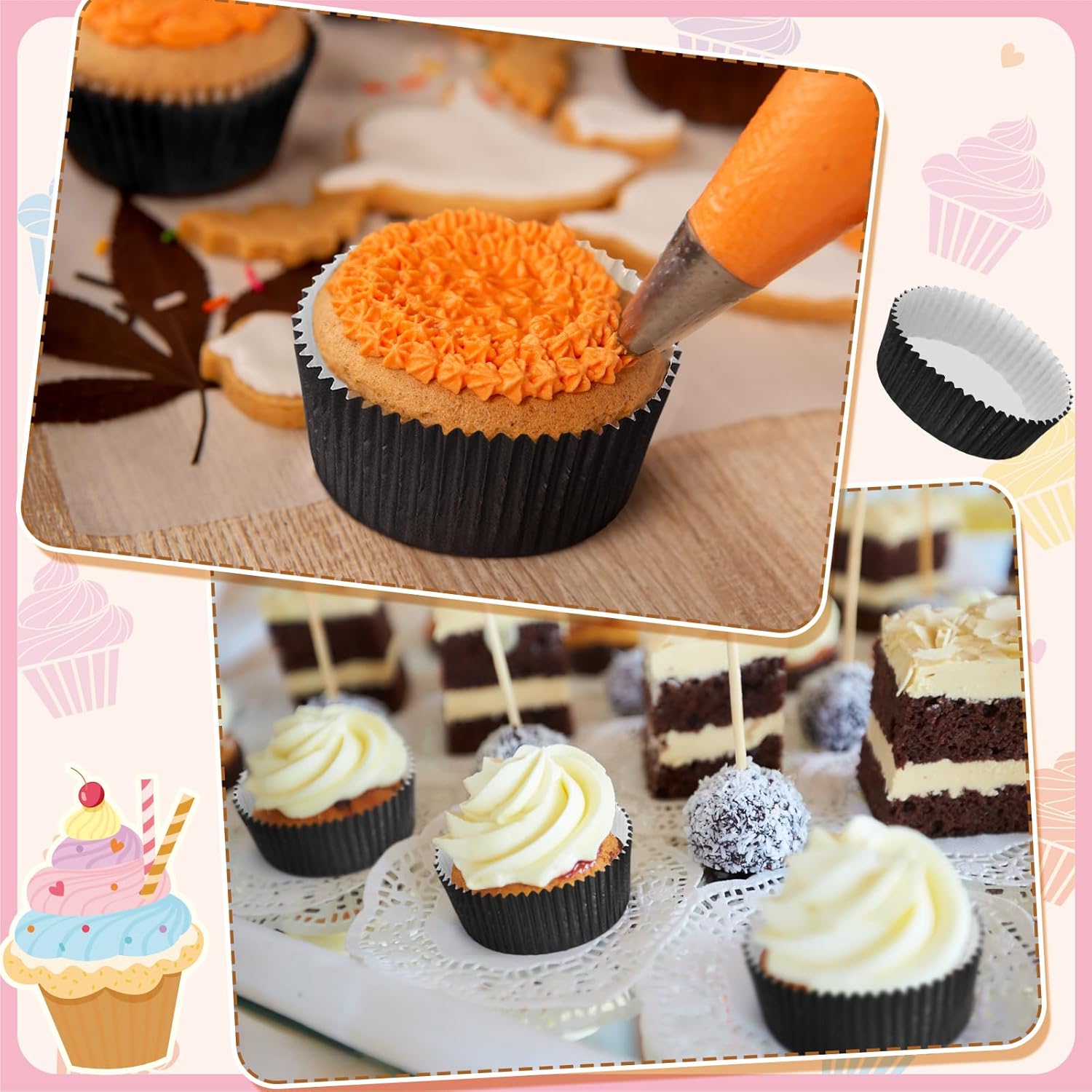Uiifan Disposable Round Cupcake Liners - Microwave Safe Baking Cups for Snacks & Cakes | Black, 50 Pcs