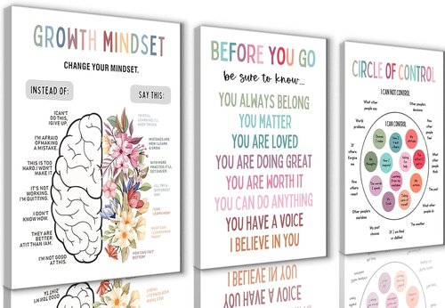 3Pcs Motivational Wall Art by Mental Health | Inspiring Canvas Prints for Therapy Office & Home - 12x16in Framed