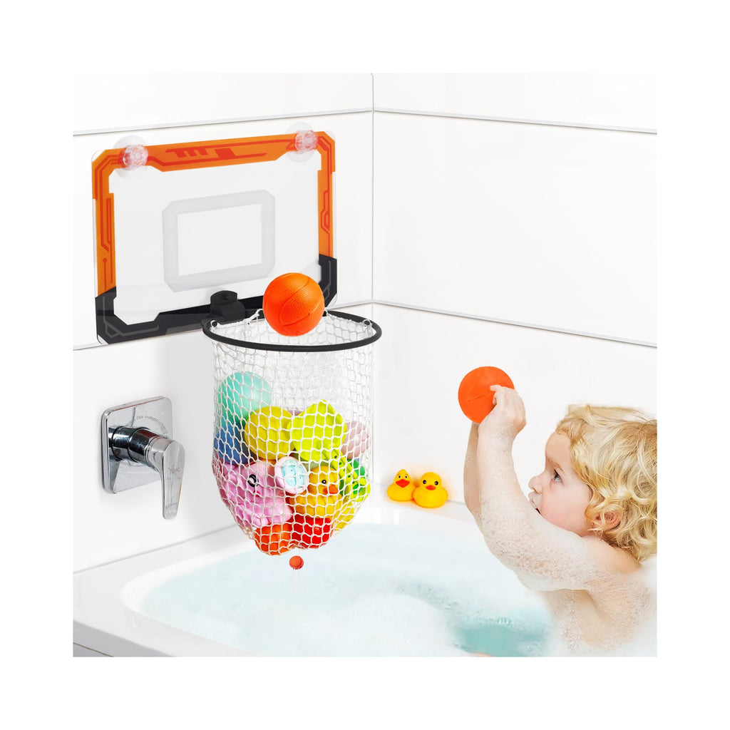 QPJ Baby Bath Toy Storage Organizer, Large Opening Mesh Bathtub Toy Storage for Tub, Bath Toy Holder for Quick Release of Toys for Bathroom, Basketball Hoop Design with Fun Bonus