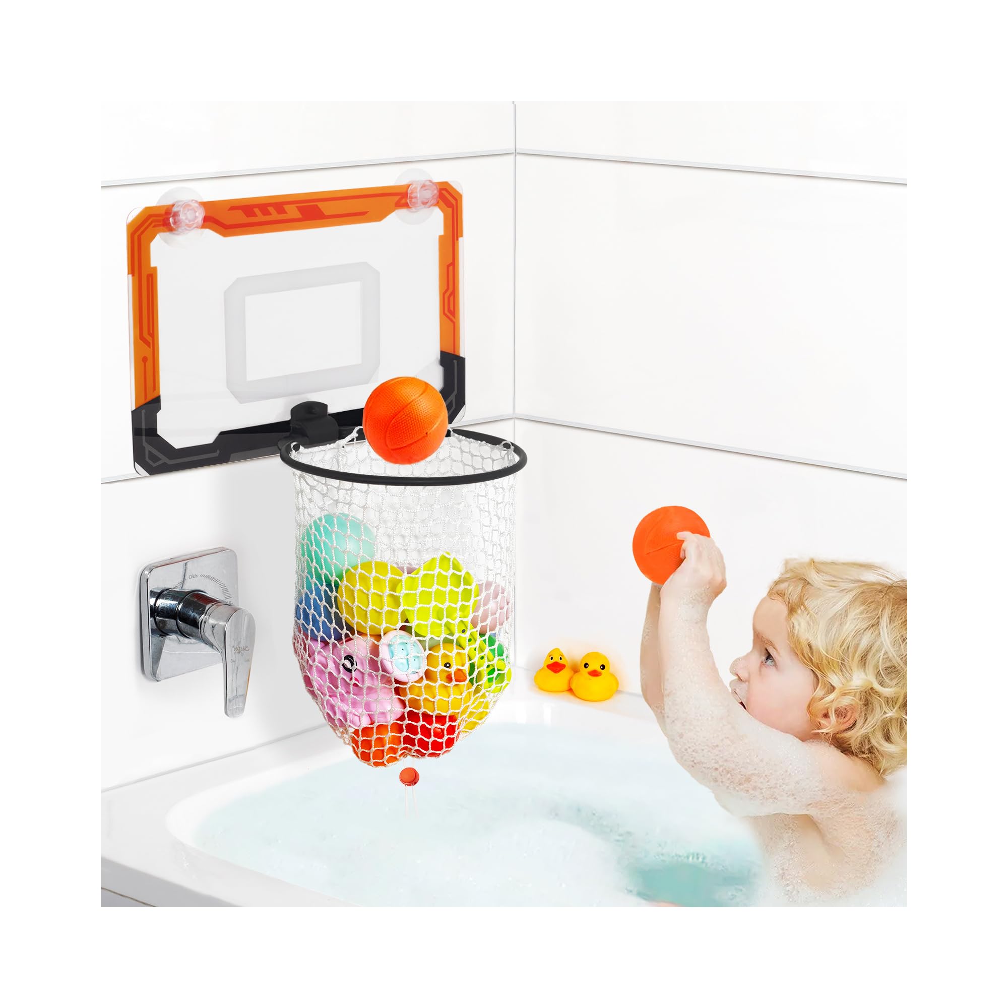 QPJ Baby Bath Toy Storage Organizer, Large Opening Mesh Bathtub Toy Storage for Tub, Bath Toy Holder for Quick Release of Toys for Bathroom, Basketball Hoop Design with Fun Bonus