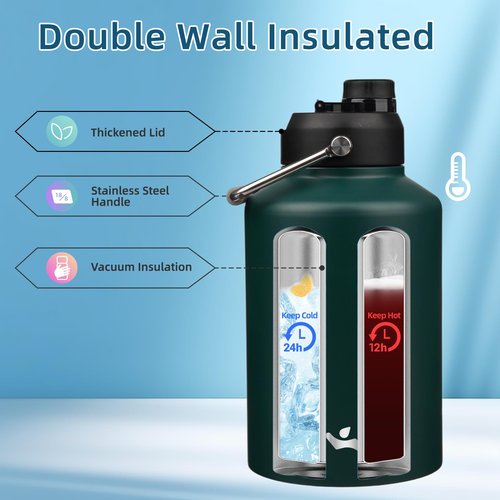 Konokyo 1 Gallon Jug with Handle,128 oz Insulated Water Bottle with Carrying Pouch, Double Wall Vacuum Stainless Steel Metal Bottle,Dark Green