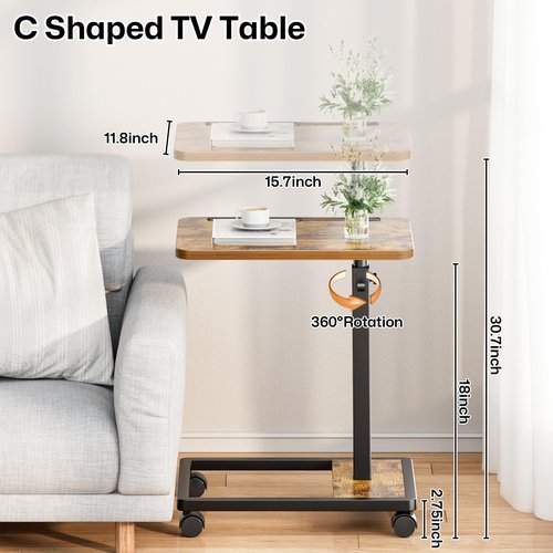 MOFAIN Adjustable TV Tray Table - 360° Rotating C Shaped End Side Table Sofa Couch Bed Table with Wheels for Eating Living Room Laptop