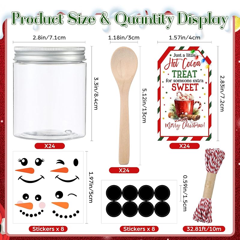 Vesici 24-Piece Christmas Hot Chocolate Bar Supplies Jars with Lids, Spoons & Cards - Snowman Theme
