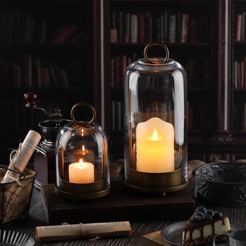 **Skiennix Metal Candle Holder Set - Versatile Brass Design with Handmade Glass Dome | 5" & 4" Sizes**