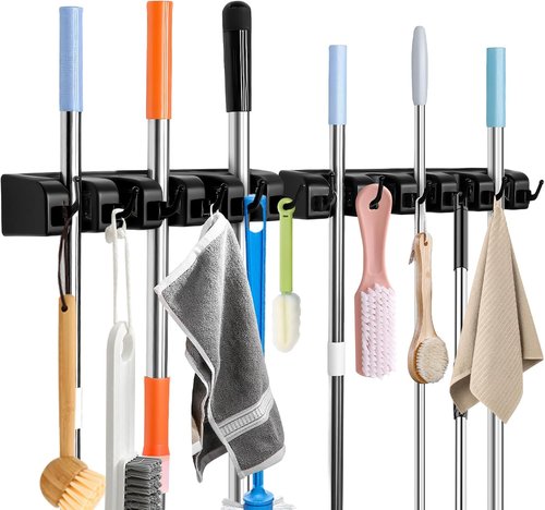 InPoTo Broom and Mop Holder - Wall Mounted Organizer with 5 Ball Slots & 6 Hooks | 2-Pack