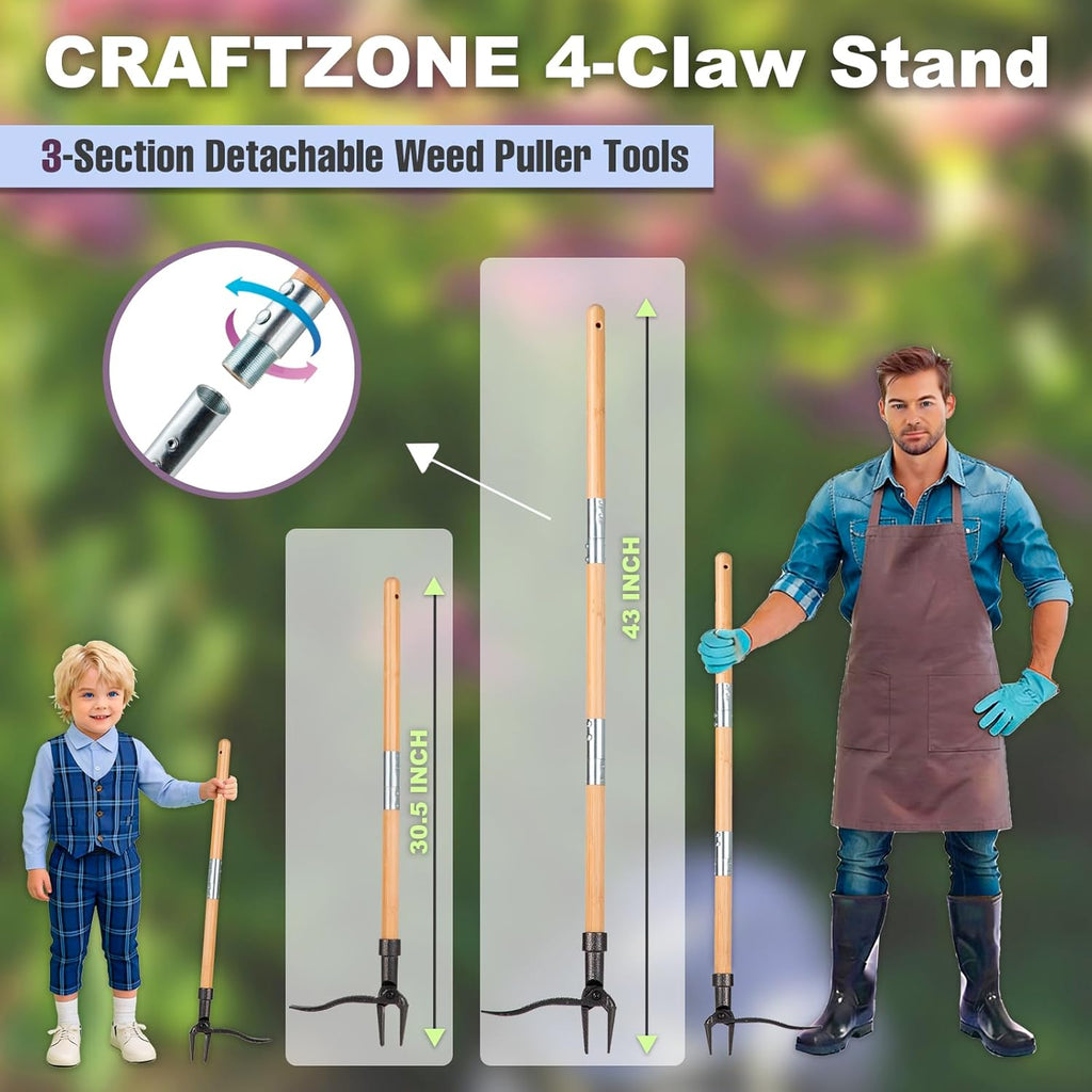Skiennix Stand-Up Weed Puller Tool - 4-Claw Steel Head with Wooden Handle | Effortless Weeding Without Bending