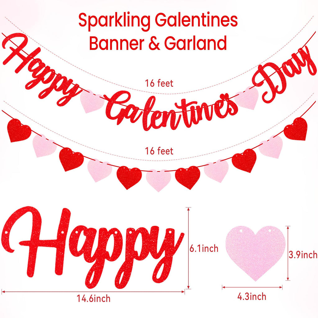 Red Glitter Happy Galentine's Day Banner Happy Galentines Day Decorations With Felt Heart Garland Banner Galentines Day Sign for Ladies Girls Galentines Decor Galentines Day Party Supplies Photo Props