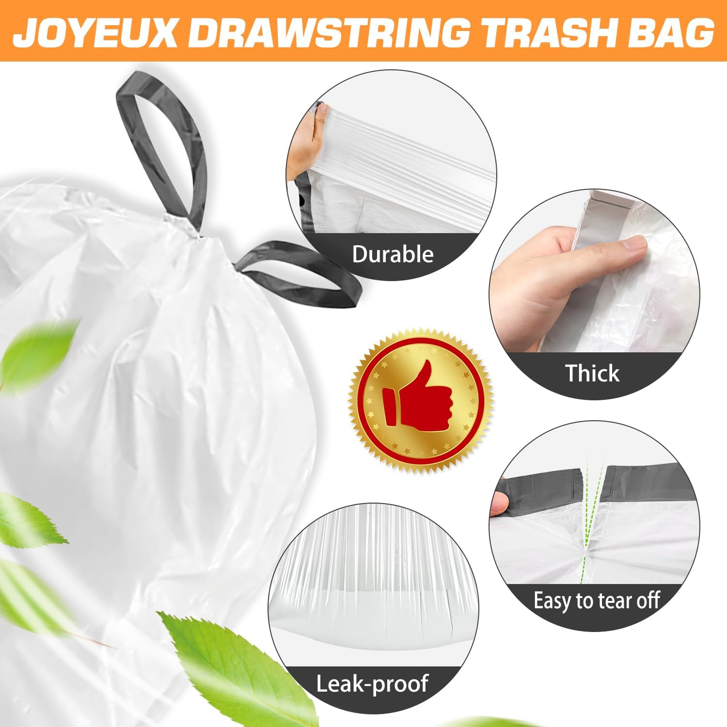 Small Trash Bags 4 Gallon - 60 Count Drawstring Garbage Bags | Unscented White Liners for Home & Office