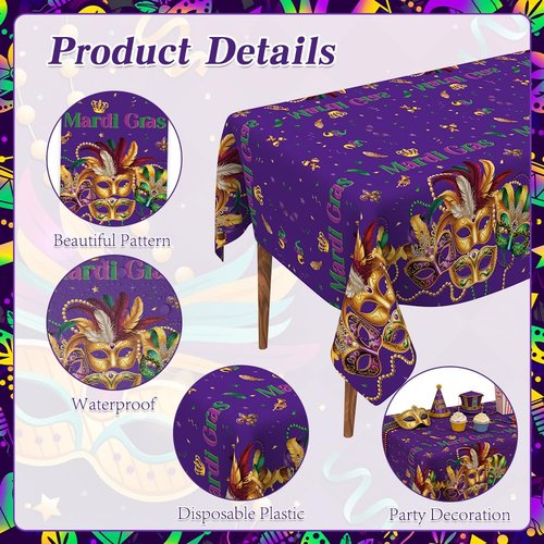 Mardi Gras Tablecloth, 3 PCS Mardi Gras Table Cloth Disposable, Plastic Purple Carnival Mask Decorative Masquerade Tables Cover Rectangular for Mardi Gras Party Decoration Supplies, 54 X 108 Inch