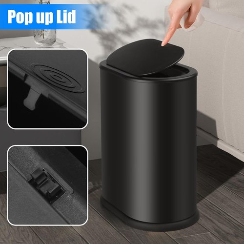 Anzoymx Stainless Steel Trash Can - 1.8 Gallon Slim Wastebasket with Pop-Up Lid | Black