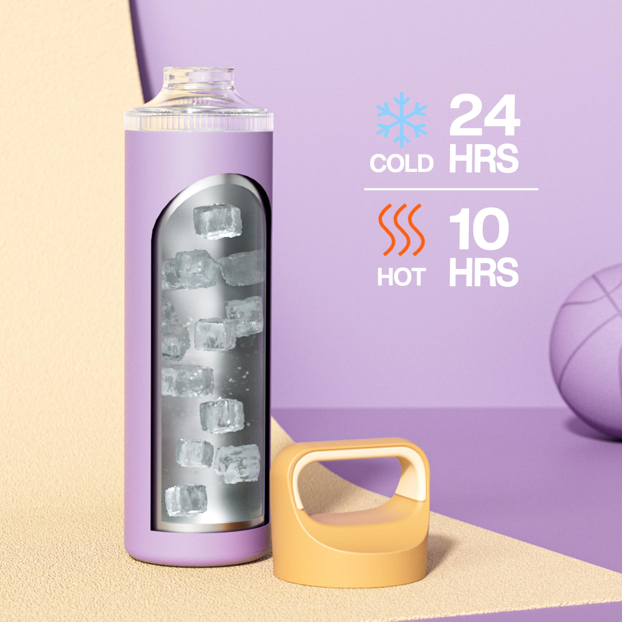24 oz Insulated Water Bottle for Hiking: 3 Lids, Leakproof, Keep Cold 24H, Car Cupholder Friendly, Stainless Steel Water Flask with Straw and Spout Caps for Sports, Gym, School Cycling (Vintage Lilac)