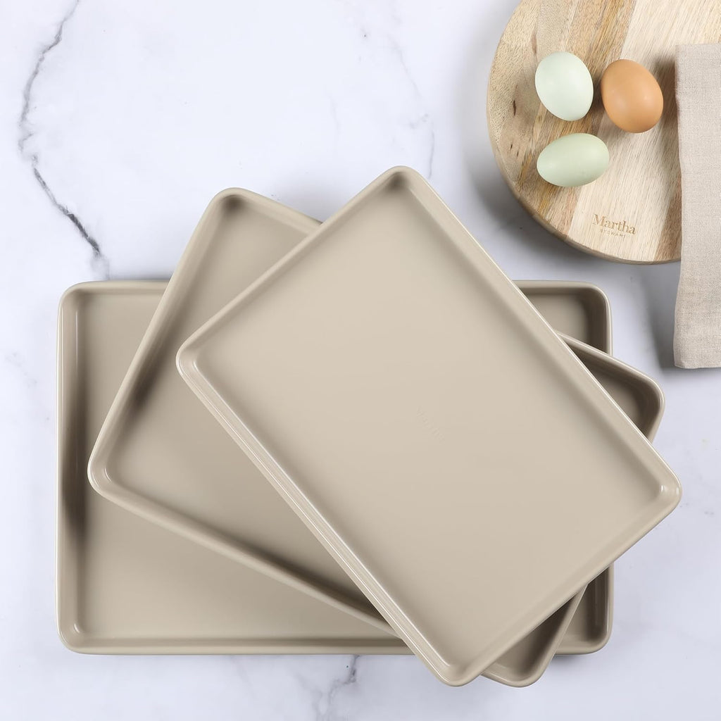 Martha Stewart Gallen 3-Piece Baking Sheet Set - Nonstick Ceramic Pans, Oven Safe to 450°F | Taupe, Warp-Resistant