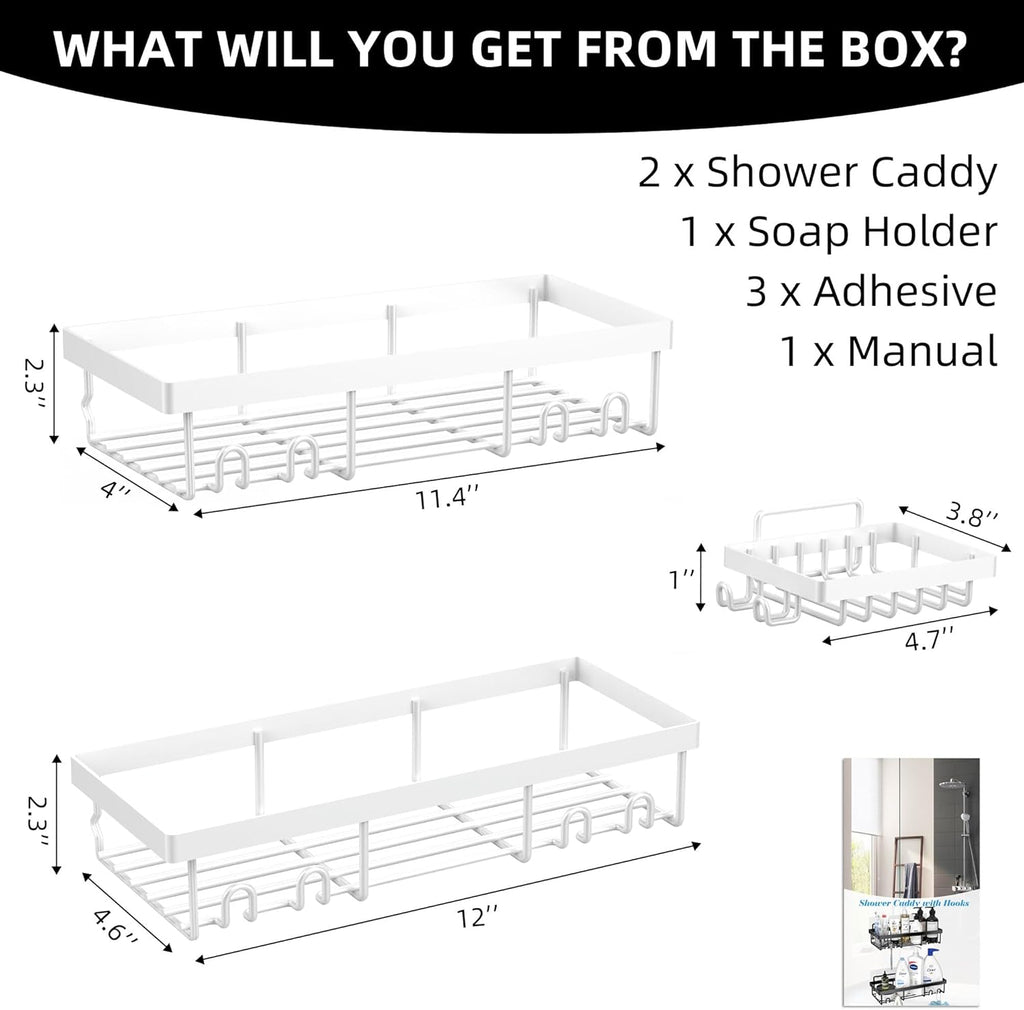 Moforoco Shower Caddy Basket Shelf - No Drill, Rustproof White Bathroom Organizer | 3-Pack with Soap Holder