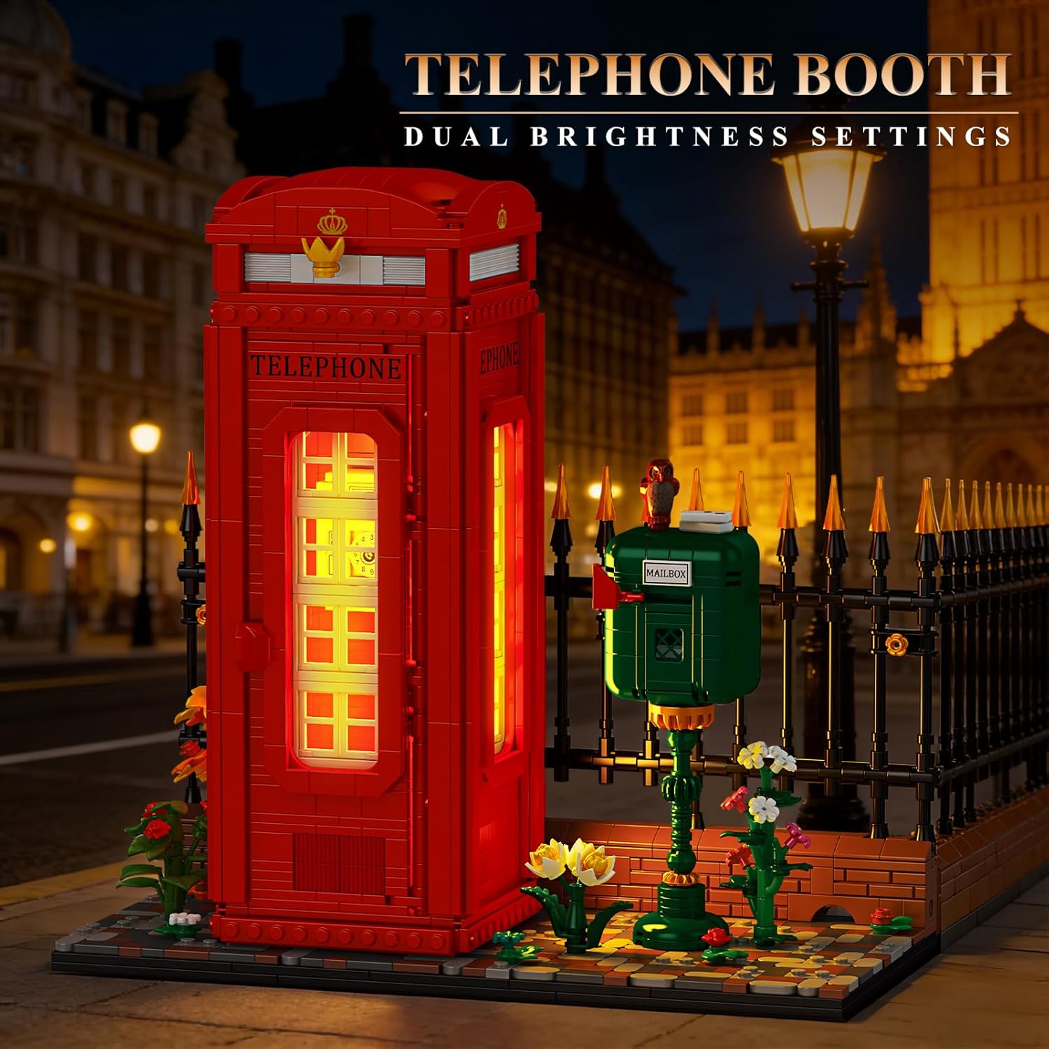 Reobrix Building Block Set - London Landmark Red Telephone Booth Model with LED Lights | 1707 PCS Retro Decor
