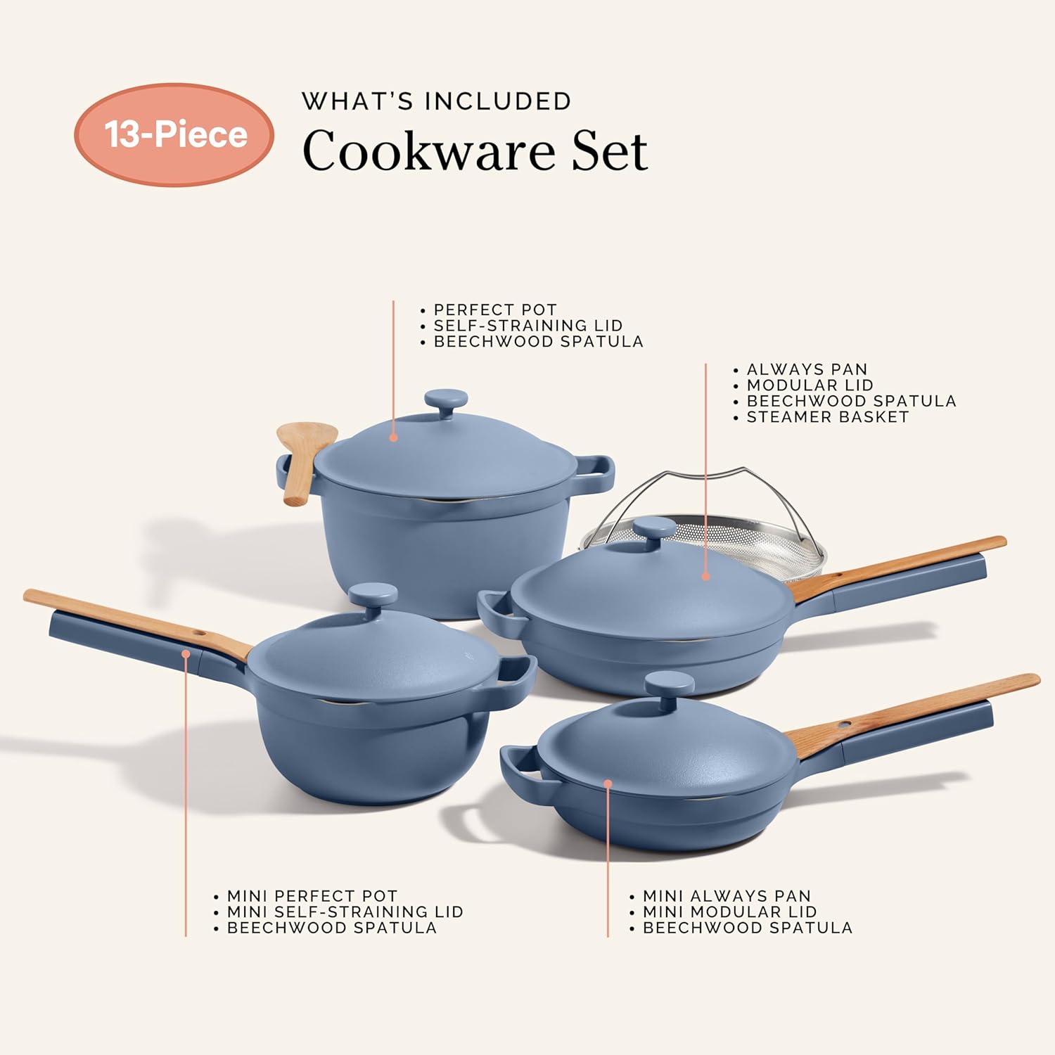 Our Place Cookware Set - 13-Piece Nonstick Kitchen Essentials | Toxin-Free, Heat Safe to 450°F | Blue Salt