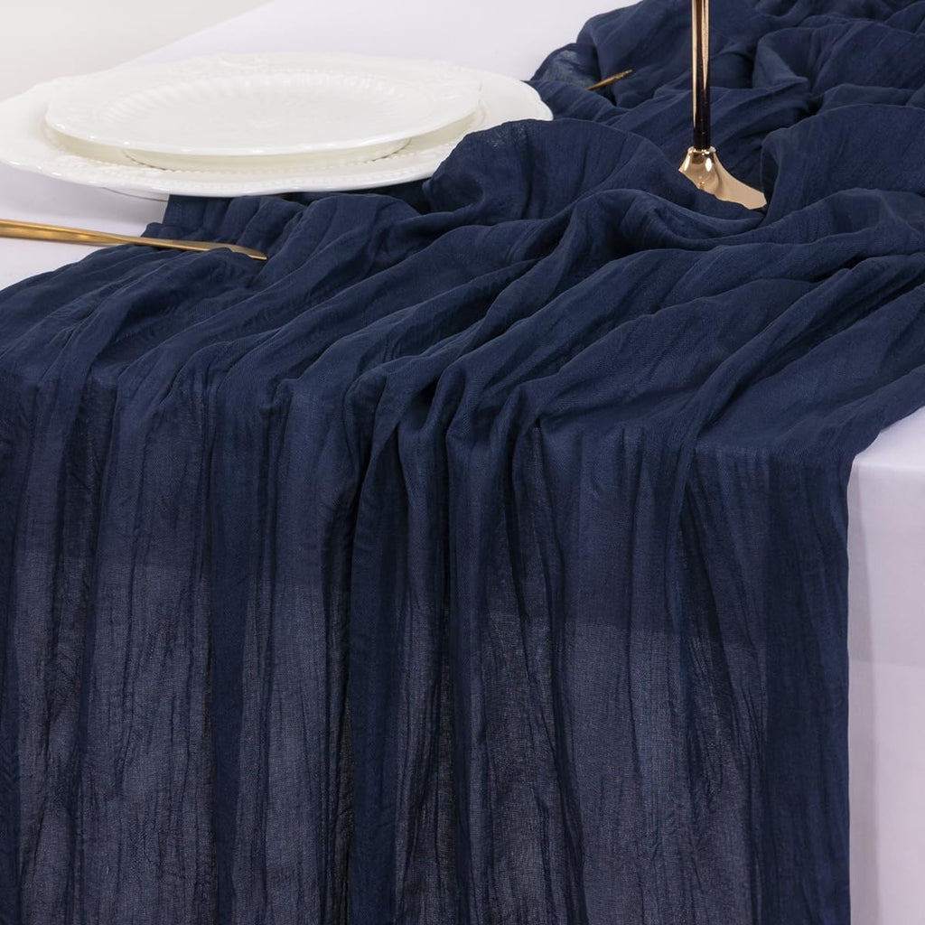Socomi Cheesecloth Table Runner - 120 Inch Navy Blue Boho Rustic Decor for Weddings & Parties