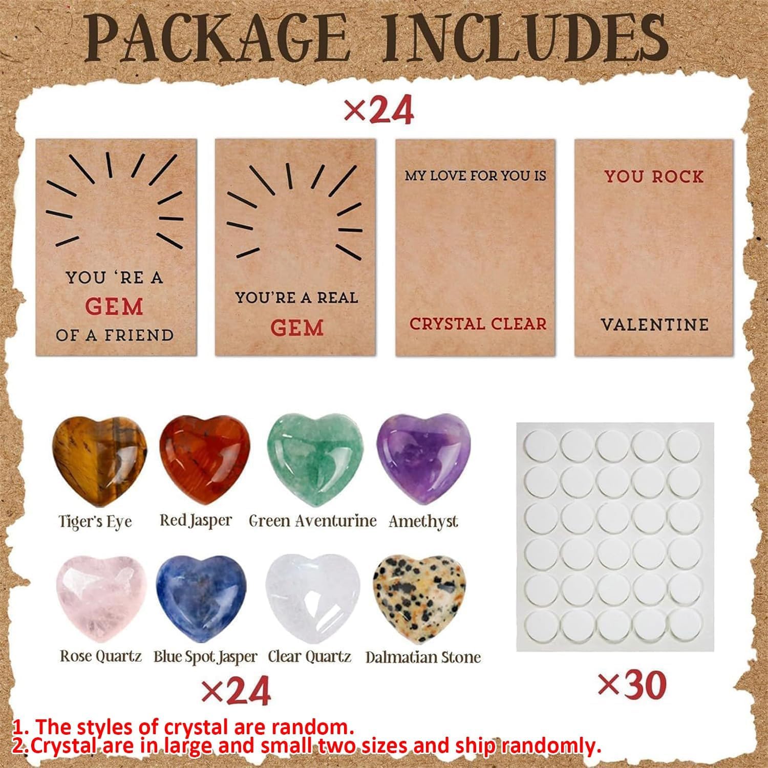 24 Pack Valentines Cards with Heart-Shape Gems - Valentine Crystals Rock Gift Exchange,Party Favors, Office & Friends