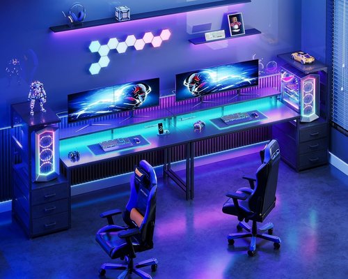 Casaottima 59 Inch Gaming Desk with USB Charging Ports & LED Light - Reversible Computer Desk with 3 Fabric Drawers, Monitor Stand, CPU Stand, Modern Office Desk, Pure Black