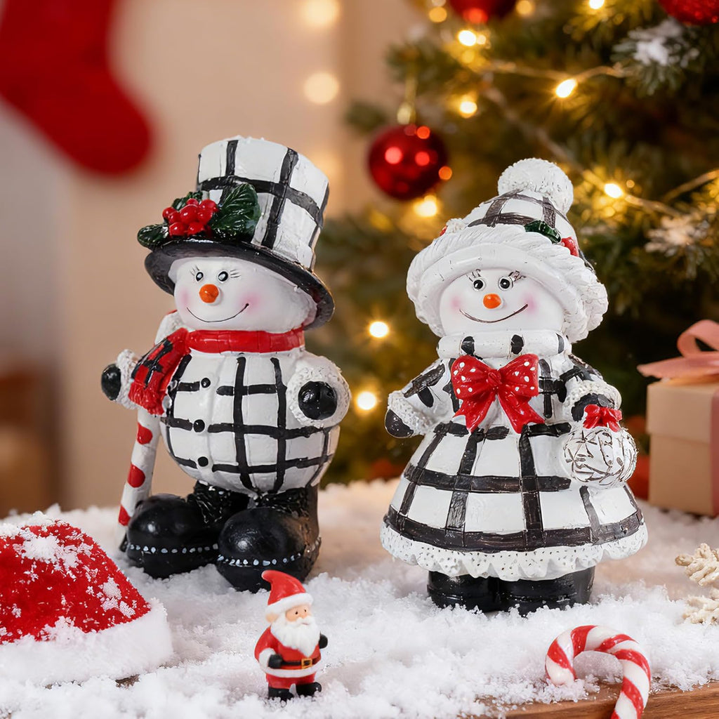 Snowman Figurines Set of 2 - Black and White Plaid Indoor Christmas Decorations | Winter Home Decor