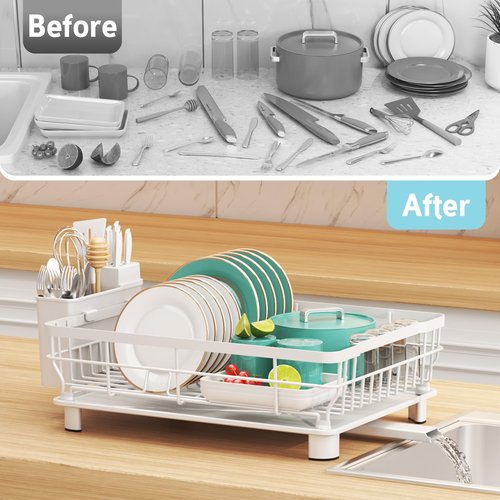 Ricobes Dish Drying Rack - Space Saving Dish Rack - Dish Racks for Kitchen Counter with Drainboard,Rustproof Dish Drainer with Removable Utensil Holder,White