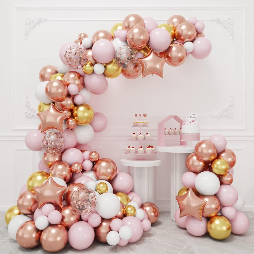 RUBFAC Rose Gold Balloon Garland Arch Kit - 140pcs Light Pink, Gold & White Balloons for Celebrations