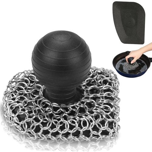 Cast Iron Cleaner - Upgraded 316 Chainmail Scrubber & Pan Scraper | Essential Cleaning Kit for Grill, Skillet & Dutch Oven