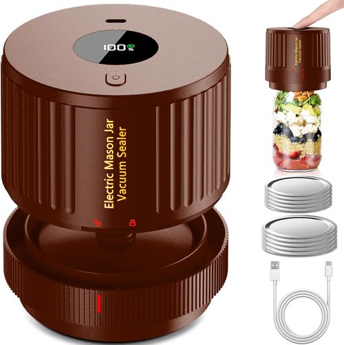LOVE MOMENT Electric Mason Jar Vacuum Sealer Kit - Ideal for Wide & Regular Mouth Jars - Brown