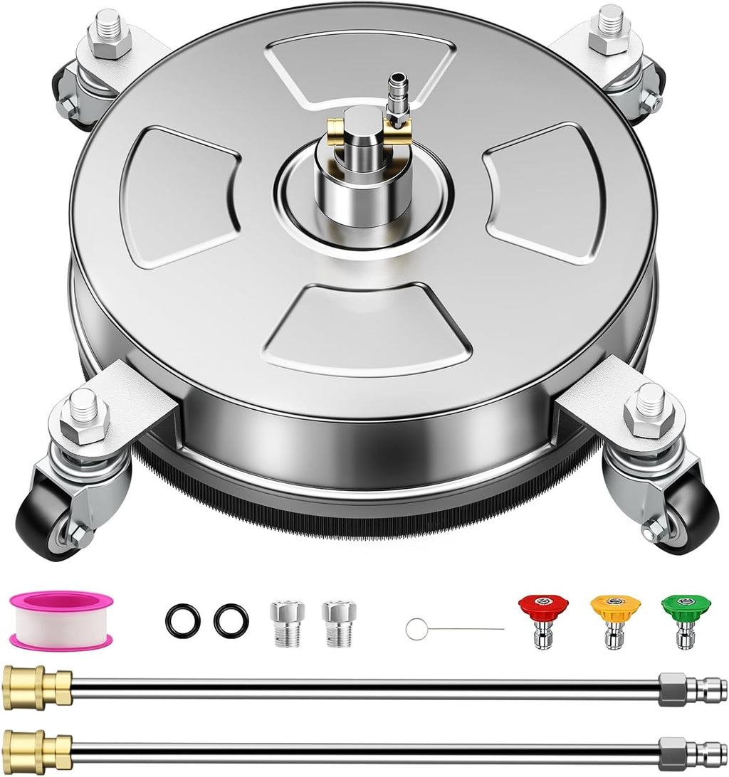 Pressure Washer Surface Cleaner - 14" Stainless Steel, 4000 PSI, 4 Wheels & 3 Nozzles for Patios