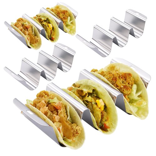 (Set of 4) Taco Holder Rack with Handle, 3 Slot Wave Stainless Steel Taco Stand for Hard & Soft Shell, For Family Party, BBQ & Taco Tuesday