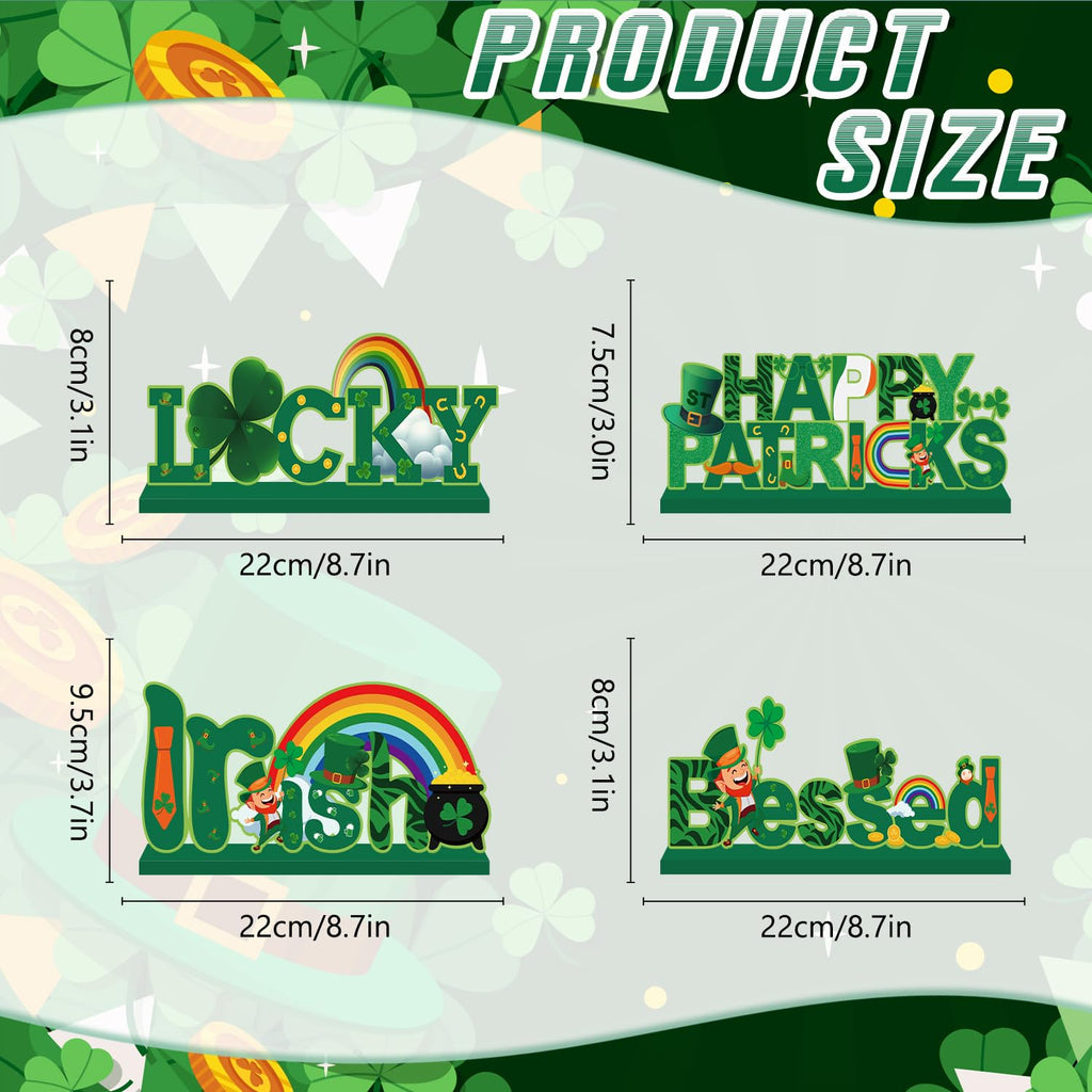 4pcs St Patricks Day Decorations Wooden Table Signs,Happy Saint Patricks Day Table Decorations Green Irish Lucky Shamrock, Leprechaun St. Patricks Day Decorations for Holiday Party