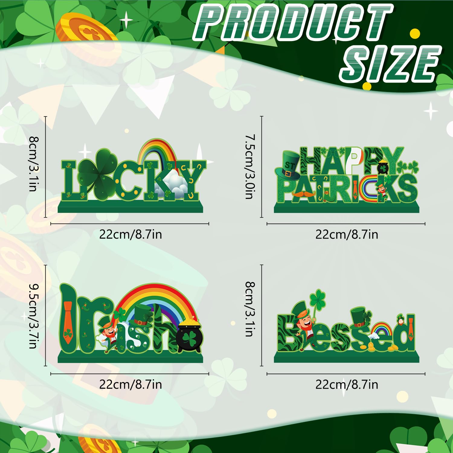 4pcs St Patricks Day Decorations Wooden Table Signs,Happy Saint Patricks Day Table Decorations Green Irish Lucky Shamrock, Leprechaun St. Patricks Day Decorations for Holiday Party