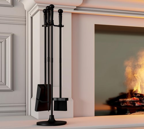 Fire Beauty Fireplace Tools Set 4 Pieces Black Wrought Iron Fire Tool Set for Outdoor/Indoor Include Poker, Shovel, Brush and Stand Accessories Set