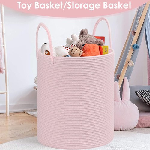 HOBASKET Cotton Rope Storage Basket with Handles, Pink, Large Capacity Laundry Hamper and Laundry Basket for Clothes, 15x18 Inches, Nursery Organizer