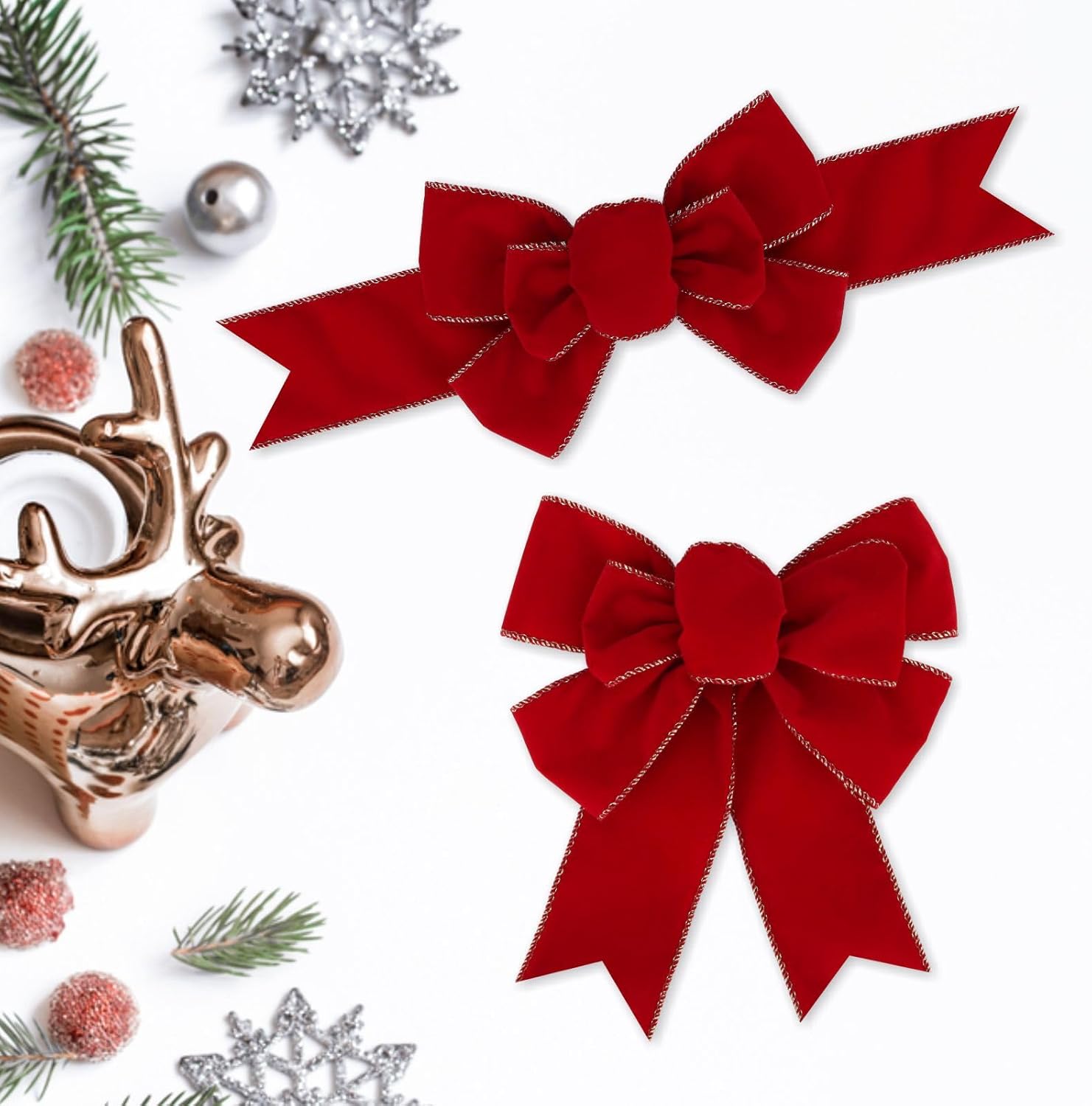 Meseey Christmas Burlap Bow Set - 2 Pcs Red Velvet with Gold Edges for Wreaths & Tree Decor