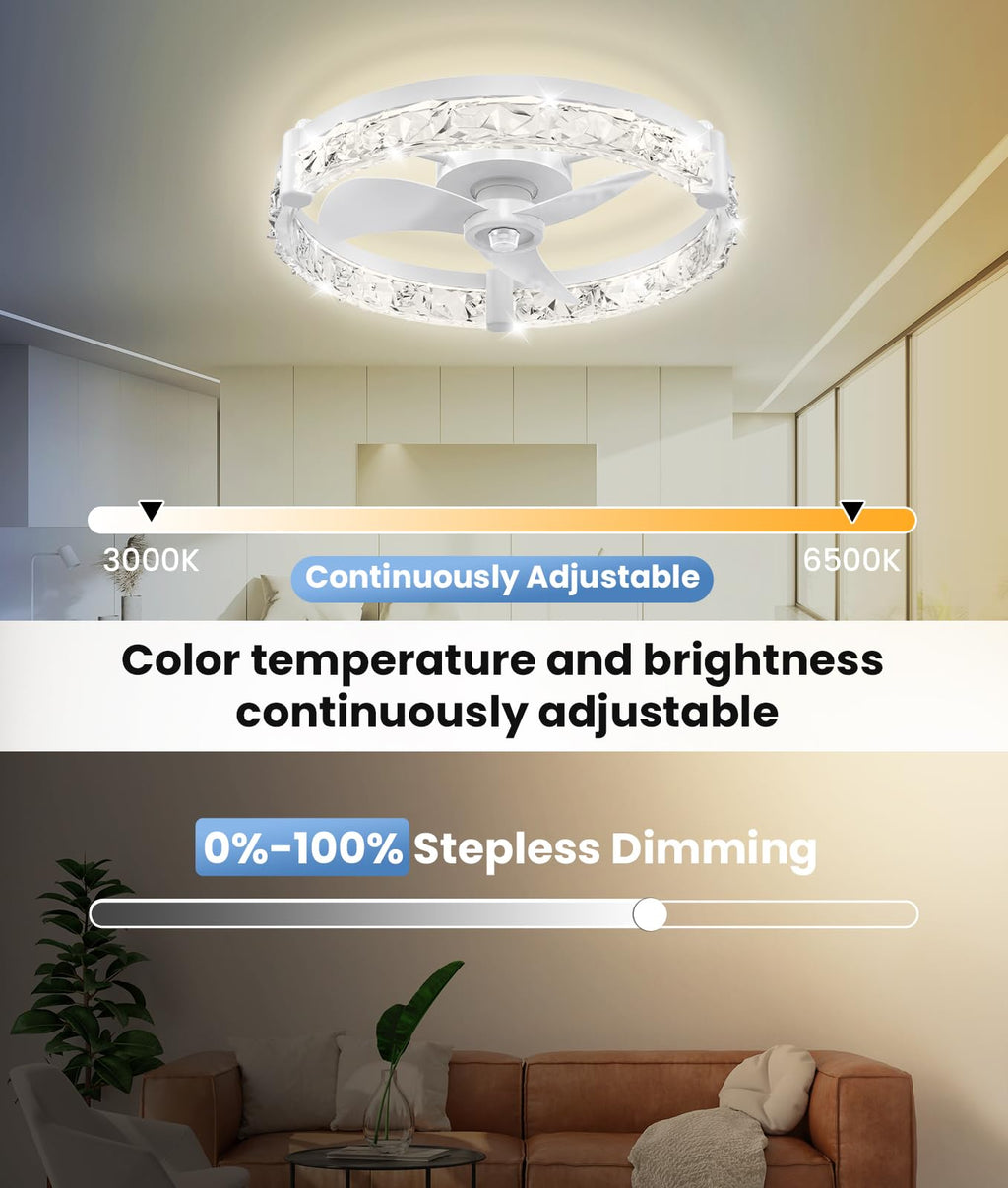 Ceiling Fans with Lights and Remote App 20'' Low Profile Ceiling Fan 3000-6500K 0-100% Dimmable Modern Flush Mount Ceiling Fan Light LED 6 Speeds Fandelier Ceiling Fans for Bedroom small living room