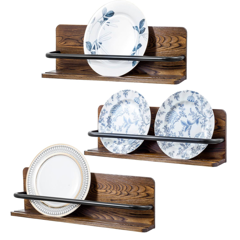 MyGift Plate Wall Hangers for Display, Set of 3 Wall Mounted Plate Rack for 6 to 10 Inch Plates, Decorative Wood Stand Shelf and Black Metal Rack Decor Hangers
