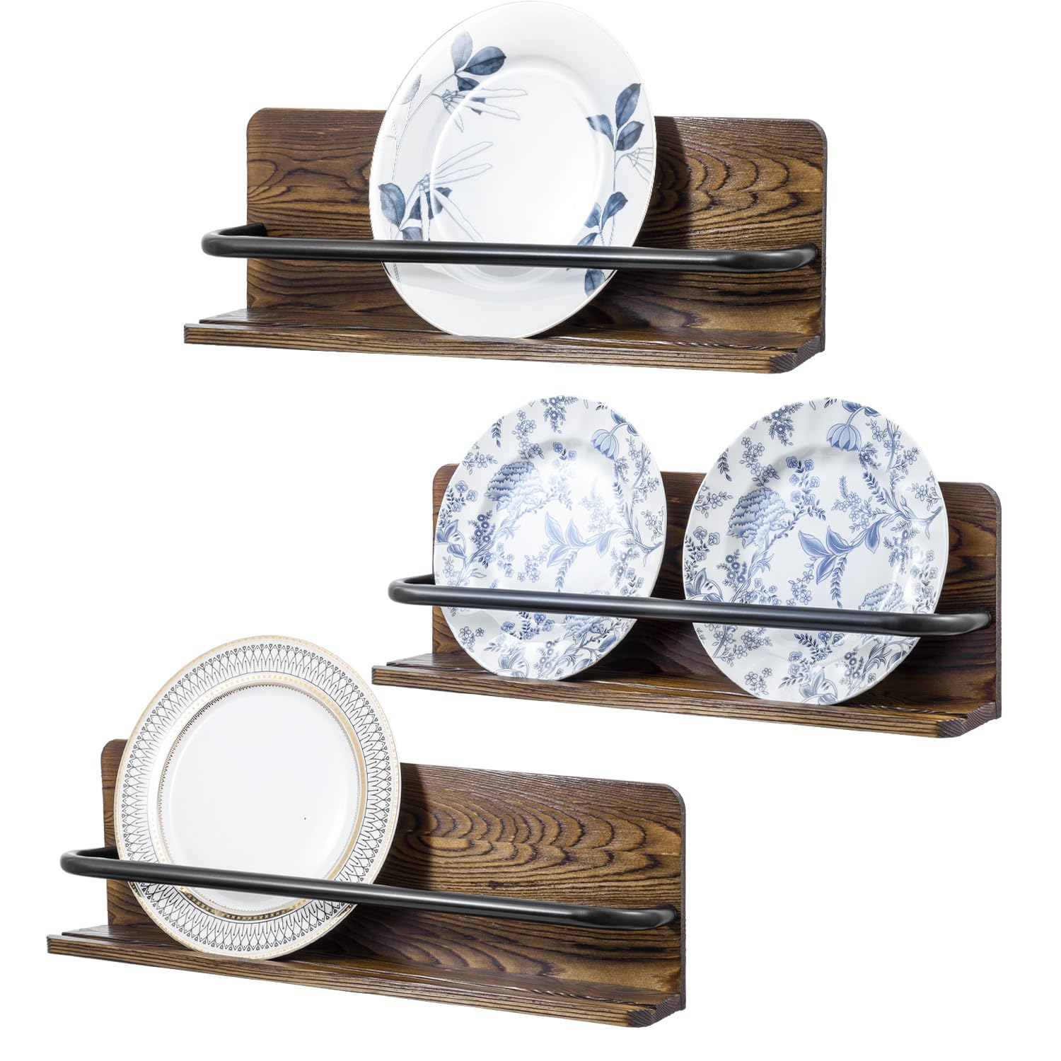 MyGift Plate Wall Hangers for Display, Set of 3 Wall Mounted Plate Rack for 6 to 10 Inch Plates, Decorative Wood Stand Shelf and Black Metal Rack Decor Hangers