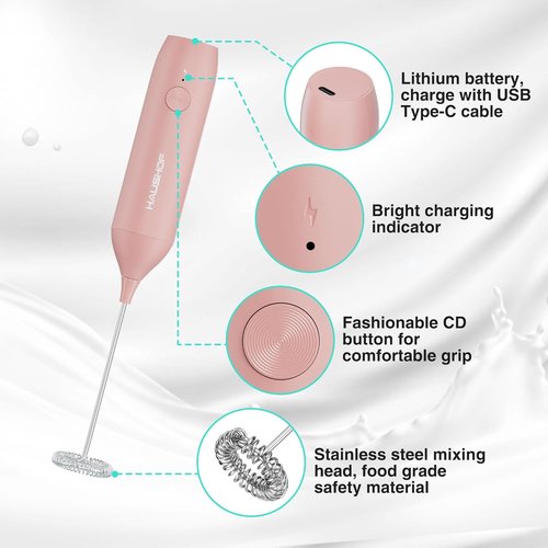 HAUSHOF Rechargeable Milk Frother Wand - Handheld Electric Foam Maker with Stand & Stainless Steel Whisk | Pink