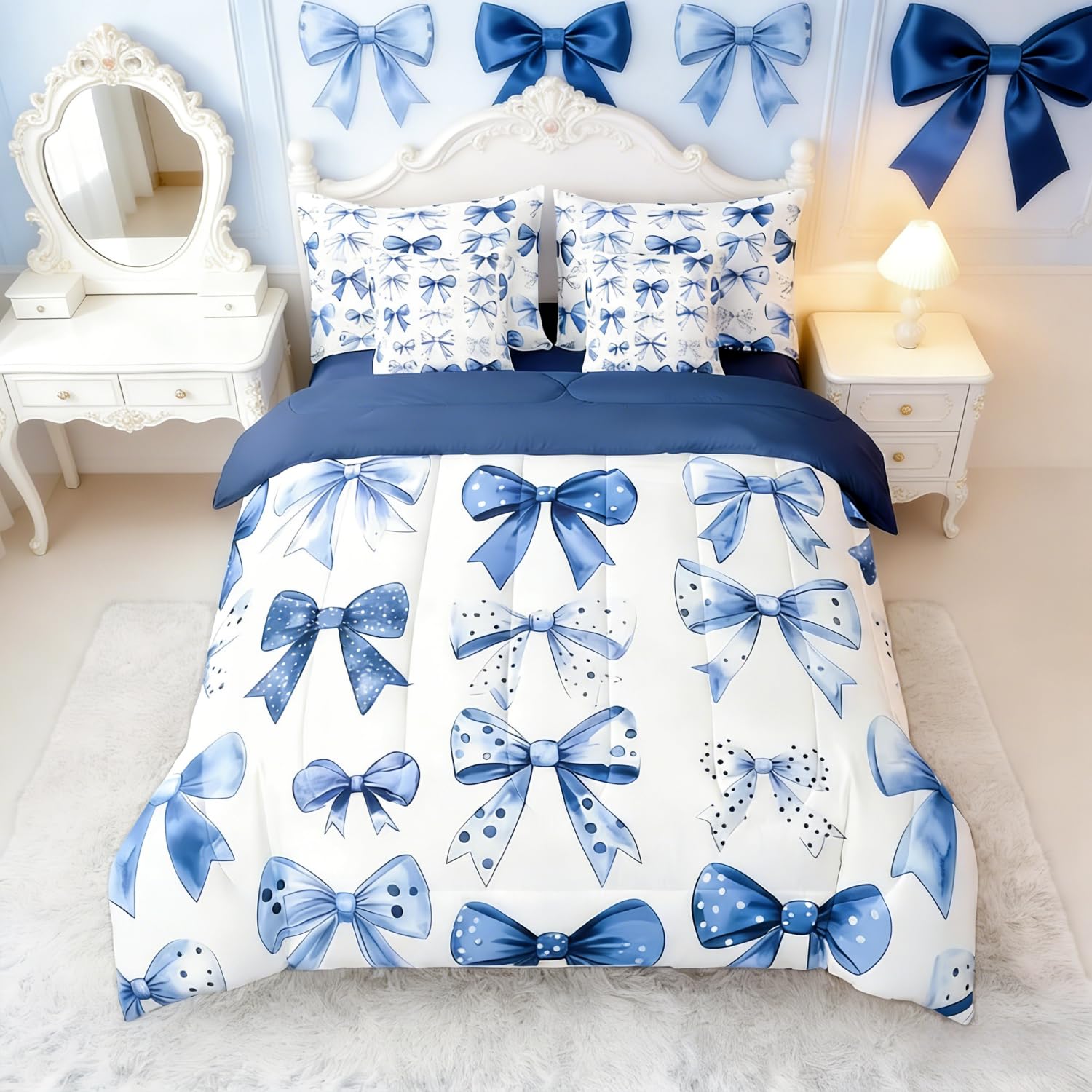 Erosebridal Kids Blue Bow Comforter Set with Sheets Twin Size Princess Bow Tie Girls Bed in A Bag Ultra Soft Butterfly Knot 7 Pieces Bed Set Bedroom Decor Fairy Tale Theme Girlish Room Decor