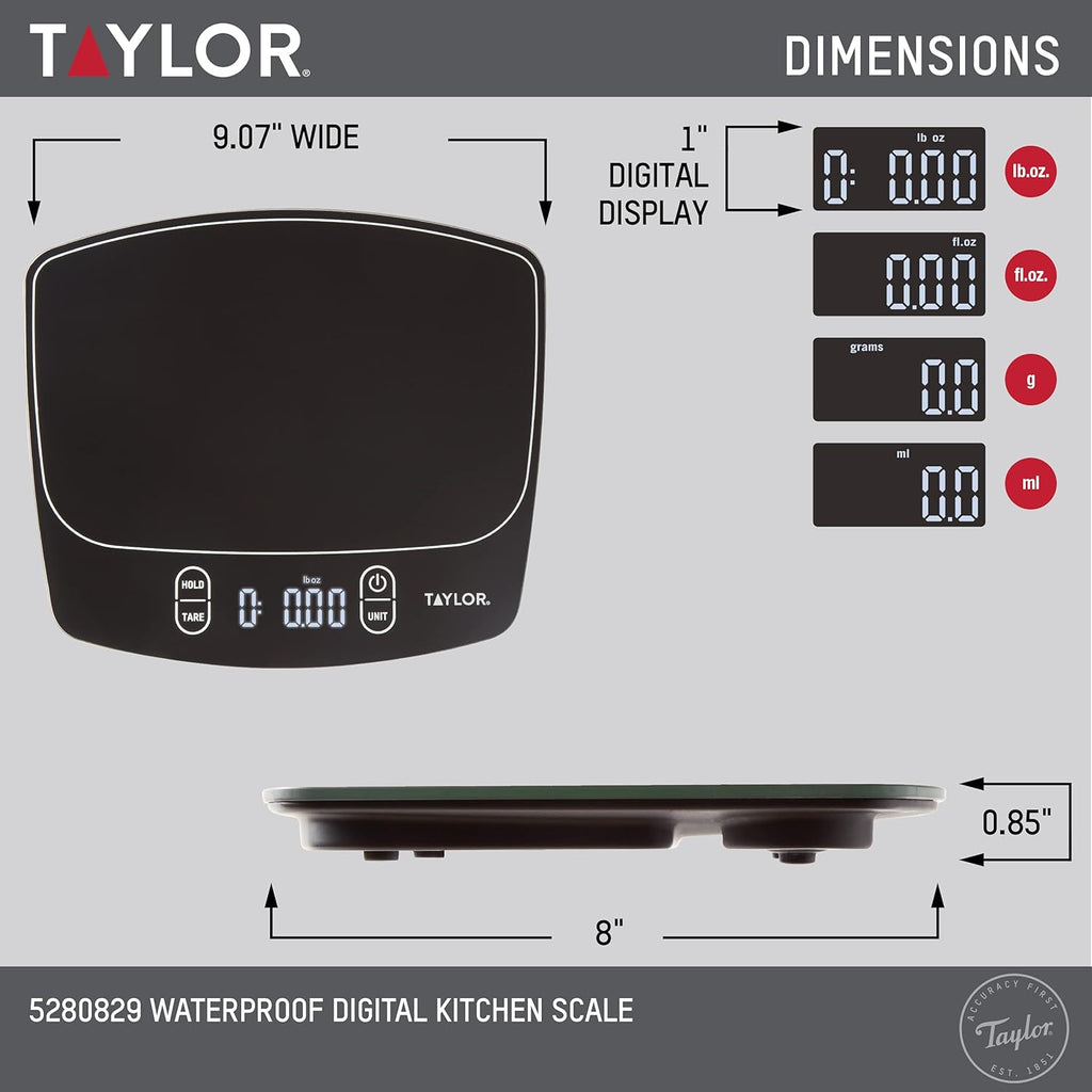 Taylor Waterproof Digital Kitchen Scale - 11 Pounds Capacity | Sleek Black Design