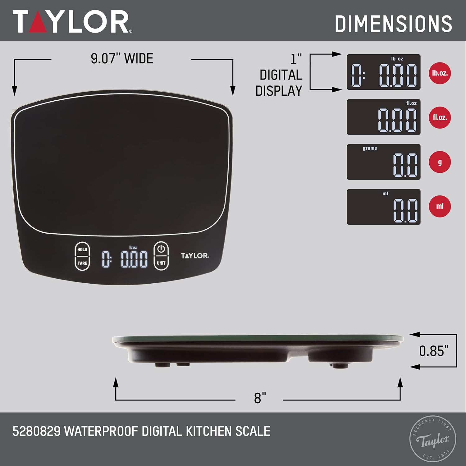 Taylor Waterproof Digital Kitchen Scale - 11 Pounds Capacity | Sleek Black Design