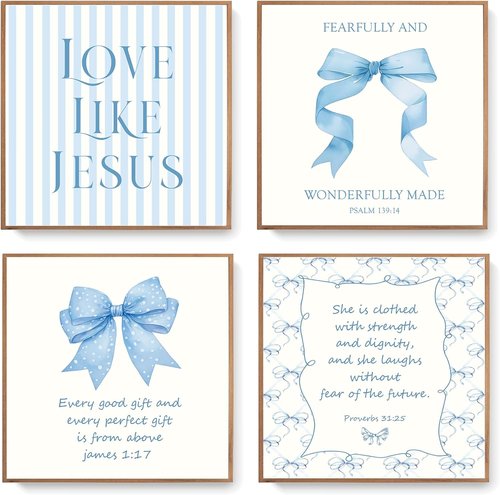 LARTSFRO Coquette Blue Bow Wall Art - Inspirational Christian Decor for Teens | 8x8 Inch Set of 4 Unframed Prints